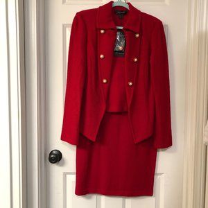 St. John Red Suit: Knit Skirt & Blazer with Pearl Buttons, Size 6